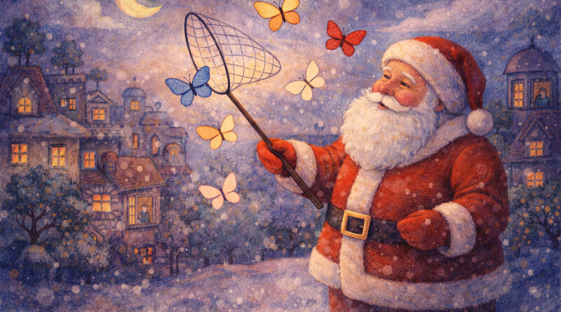 Kalėdų Senelio laiškas kuriame jis gaudo drugelius stovėdamas snieguotame vakaro miestelyje su tinklu rankoje, aplink skraido spalvoti drugeliai, o fone šiltai šviečia namų langai ir mėnulio šviesa.
