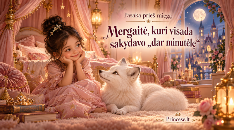 Vakaro pasaka vaikams „Mergaitė, kuri visada sakydavo dar minutėlę“ – mergaitė Mėta su baltąja lape rožiniame princesės kambaryje, šalia auksuotos lovos su baldakimu.