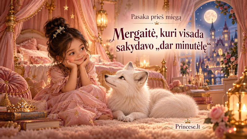 Vakaro pasaka vaikams „Mergaitė, kuri visada sakydavo dar minutėlę“ – mergaitė Mėta su baltąja lape rožiniame princesės kambaryje, šalia auksuotos lovos su baldakimu.