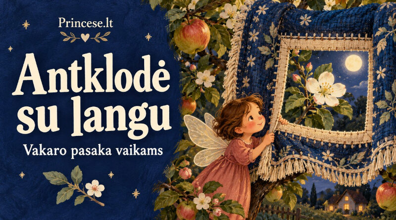Audėja Liepa laiko mėlyną antklodę su langeliu, pro kurį mėnesiena apšviečia obels žiedą.