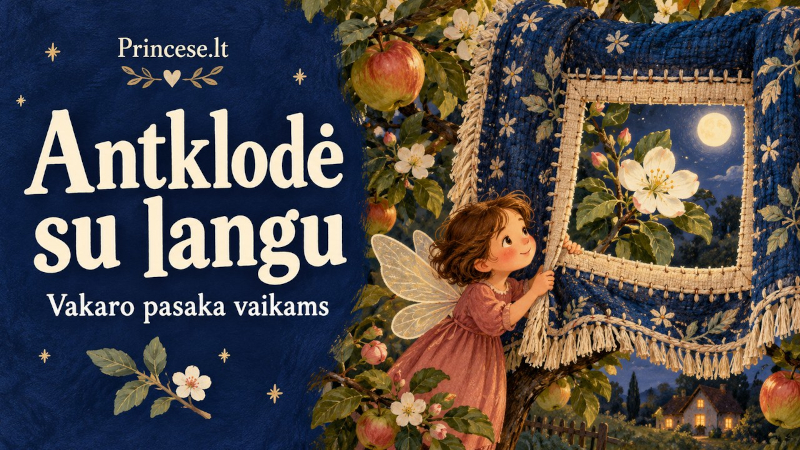 Audėja Liepa laiko mėlyną antklodę su langeliu, pro kurį mėnesiena apšviečia obels žiedą.