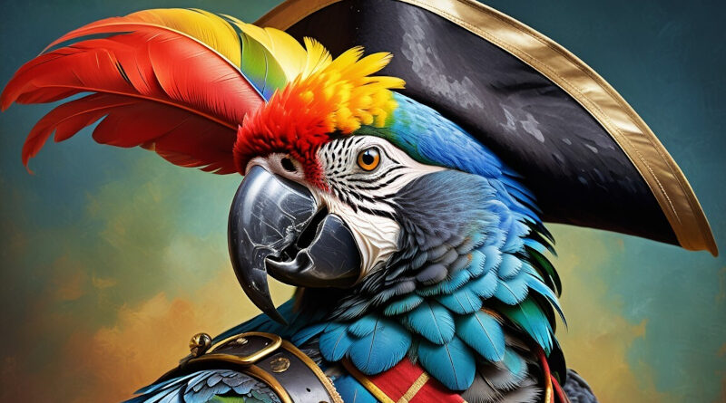 vakaro pasaka vaikams spalvinga papūga su plačiabryle kapitono skrybėle ir mėlynais bei raudonais plunksnų atspalviais paslaptingame šiltų spalvų fone