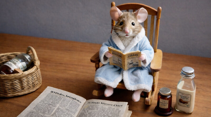 Ilgesnė vakaro pasaka vaikams prieš miegą mažas peliukas mėlynu chalatu sėdi supamoje kėdutėje ir skaito laikraštį ant medinio stalo