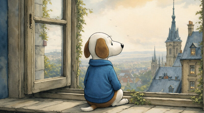 Vakaro pasaka vaikams šuniukas su mėlynu megztiniu sėdi ant palangės ir žvelgia į saulėlydžio apšviestą miestą su bokštais ir stogais, jauki iliustracija prieš miegą