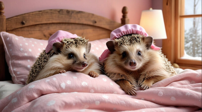 Vakaro pasaka vaikams du ežiukai su rožinėmis naktinėmis kepuraitėmis guli lovoje po balta gėlėta antklode, šalia šviečia lemputė, už lango krenta sniegas jauki žiemos naktis